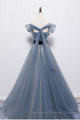 Blue Off the Shoulder Tulle Long Semi Formal Prom Dress with Sash, Sparkly Semi Formal Prom Gown